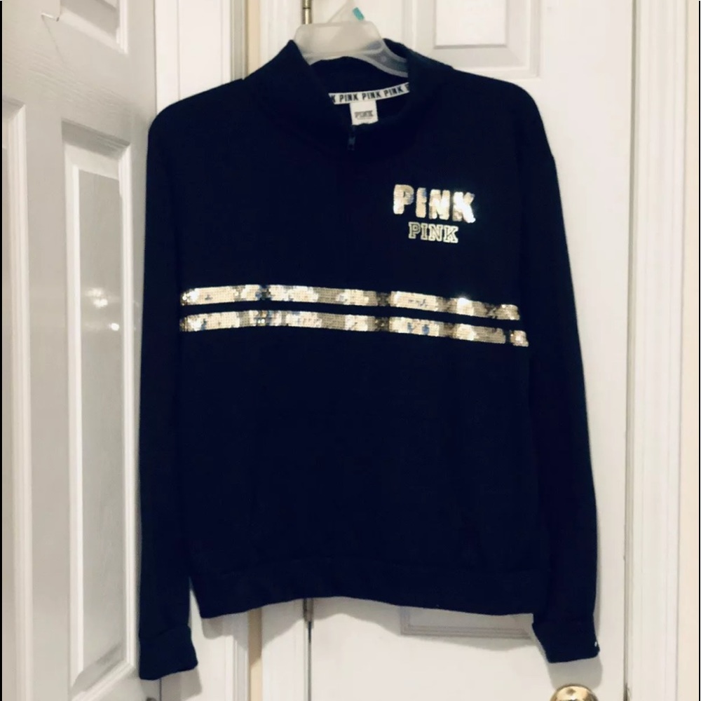 PINK VICTORIA’S SECRET GOLD SEQUIN BLING 1/4 ZIP L